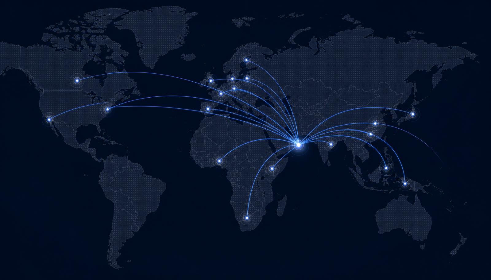Stylised world map showing sourcing routes connecting the GCC with Europe, Asia and Africa