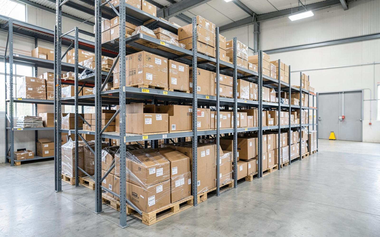 Aviation spare parts packaged and stored on racking in an organised warehouse